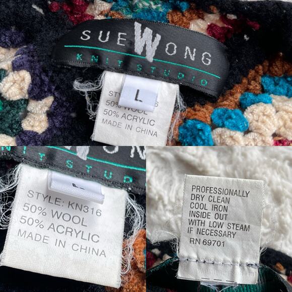 Sue Wong knit studio granny square crochet sweater fringe vintage Y2K wool L - Picture 4 of 14